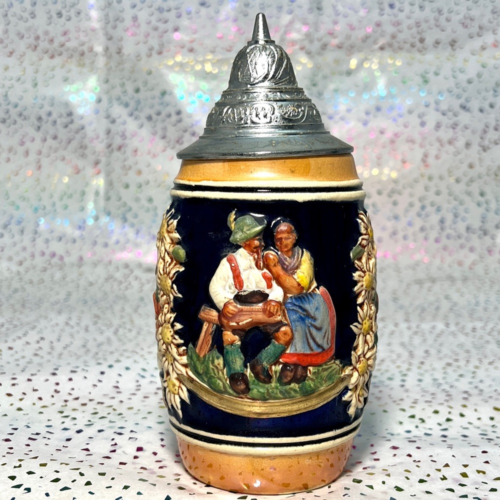 Vintage German Decorative Beer Stein W/ Lid - Man, Zither, Woman